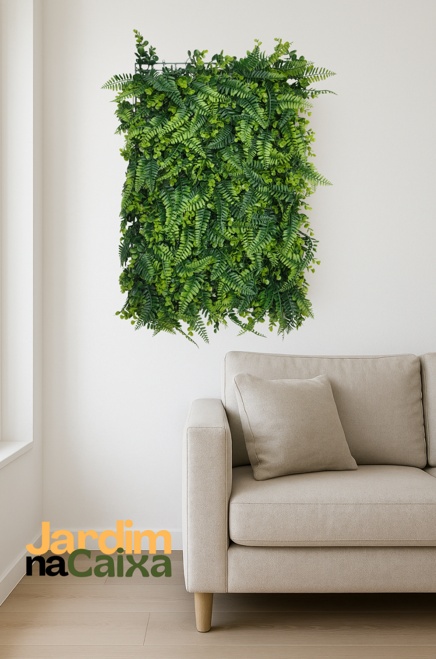 Jardim Vertical de Placas Artificiais Samambaia e Eucalipto 60x40cm